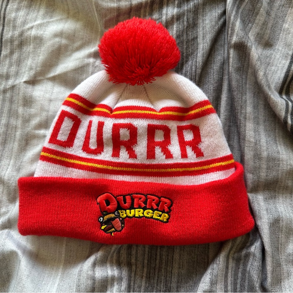 Durrr Burger Kids Pom Pom Beanie Hat - Red and White